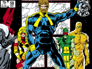 Micronauts #58 cover; pencils and inks, Jackson &ldquo;Butch&rdquo; Guice; They Came From Inner Space; Triumphant, Arcturus Rann, Bug, Huntarr, Marionette, Acroyear, Baron Karza