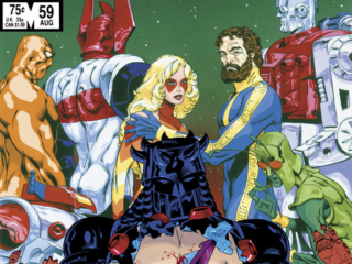 Micronauts #59 cover; pencils and inks, Michael Golden; And There Shall Come an End; Huntarr, Bug, Commander Rann, Baron Karza, Biotron