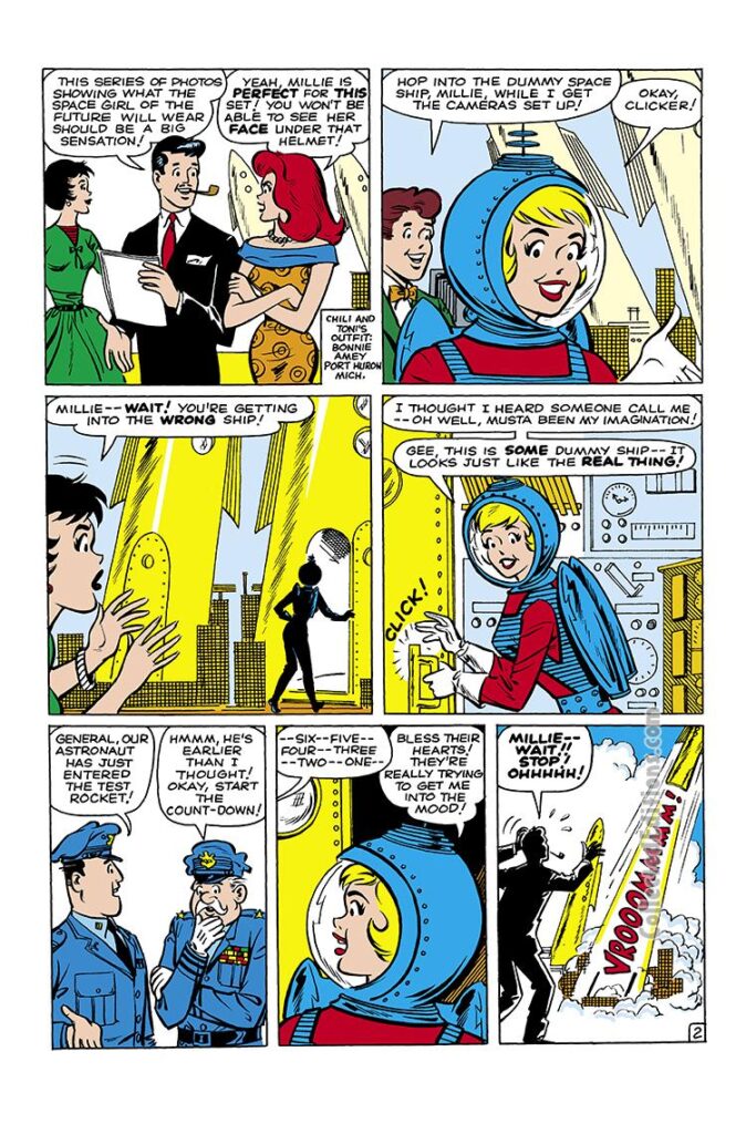 Millie the Model #105; “Out of This World!”, pg. 2; pencils and inks, Stan Goldberg; Clicker; Chili, Toni, Bonnie Amey, Port Huron, Michigan; Marvel August 1961 Omnibus