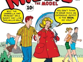 Millie the Model #105 cover; pencils and inks, Stan Goldberg; The Blonde Bombshell, Clicker Holbrook, Millicent Collins, rain coat, fashion