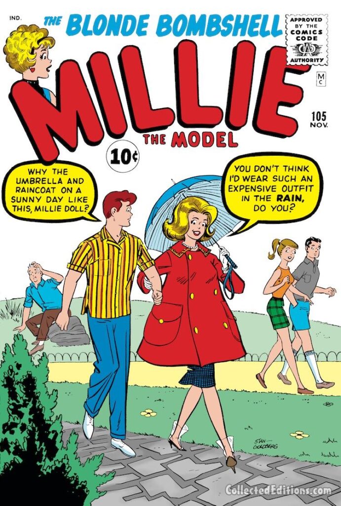Millie the Model #105 cover; pencils and inks, Stan Goldberg; The Blonde Bombshell, Clicker Holbrook, Millicent Collins, rain coat, fashion
