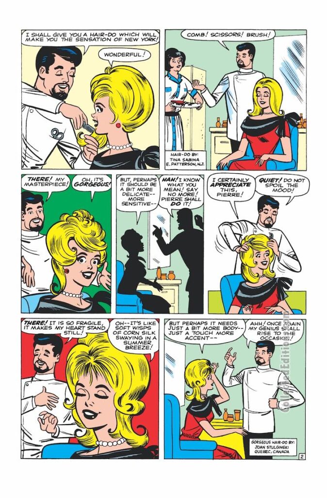 Millie the Model #110. “Her Heavenly Hair!”, pg. 2; pencils and inks, Stan Goldberg; hairdresser, Millicent Collins, Pierre, Tina Sabina, East Patterson, New Jersey; Joan Stulginski, Quebec, Canada