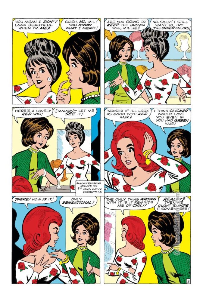 Millie the Model #117. “How Shall I Wear My Hair?”, pg. 3. Pencils and inks, Stan Goldberg; Nancy Motick, Brooklyn, New York; Chili