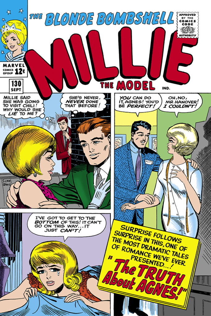 Millie the Model #130 cover; pencils and inks, Stan Goldberg; The truth about Agnes, Mr. Hanover, Chili, romance, the blonde bombshell