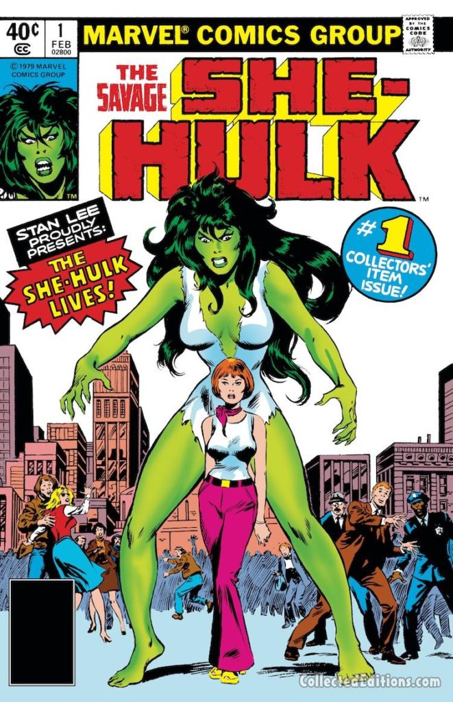 Savage She-Hulk #1 cover; pencils and inks, John Buscema; first issue, first appearance, Stan Lee/Jennifer Walters/Incredible Hulk/Bruce Banner