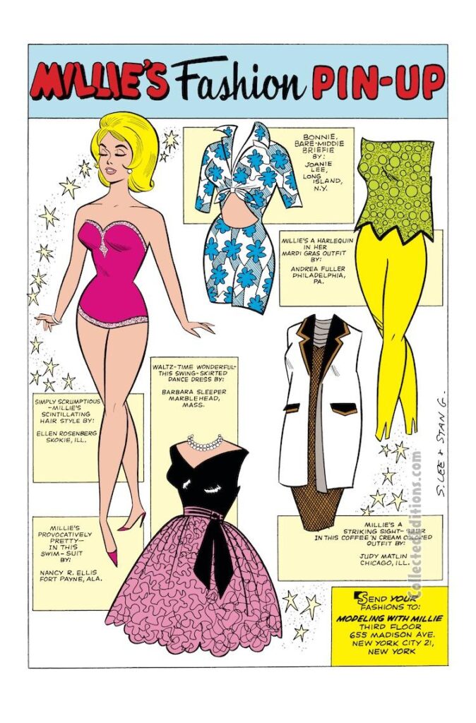 Modeling With Millie #25. Fashion pinup art pencils and inks, Stan Goldberg; Ellen Rosenberg, Skokie, IL; Joanie Lee, Long Island, NY; Andrea Fuller, Philadelphia, PA; Barbara Sleeper, Marblehead, MA; Nancy R. Ellis, Fort Payne, AL; Judy Matlin, Chicago, IL