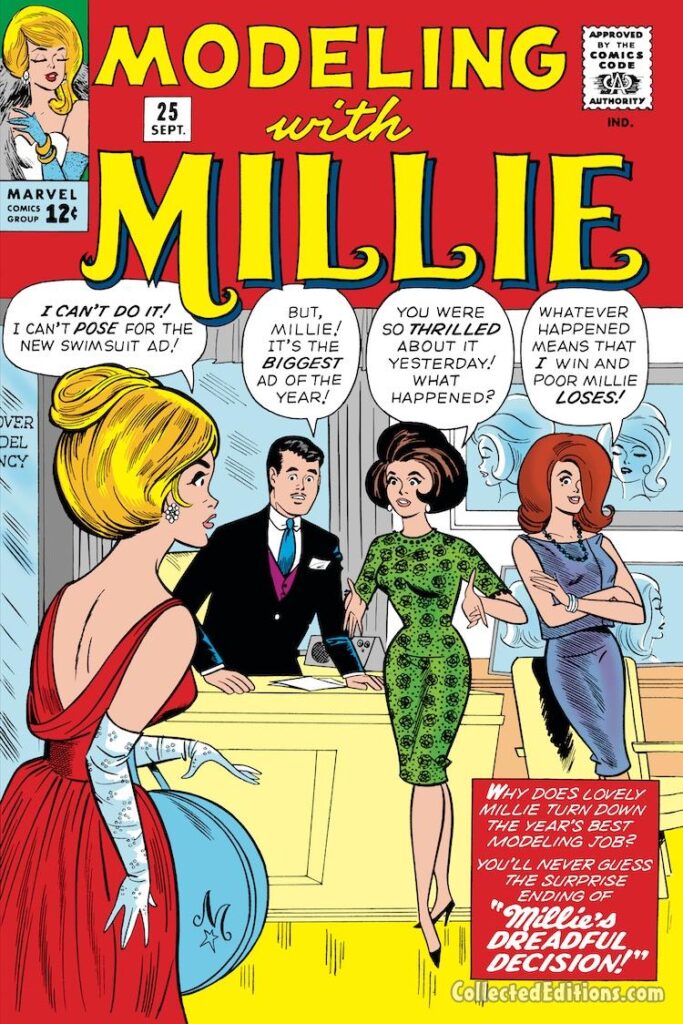 Modeling With Millie #25 cover; pencils, Stan Goldberg; inks, Sol Brodsky; Millie’s Dreadful Decision, Swimsuit Ad