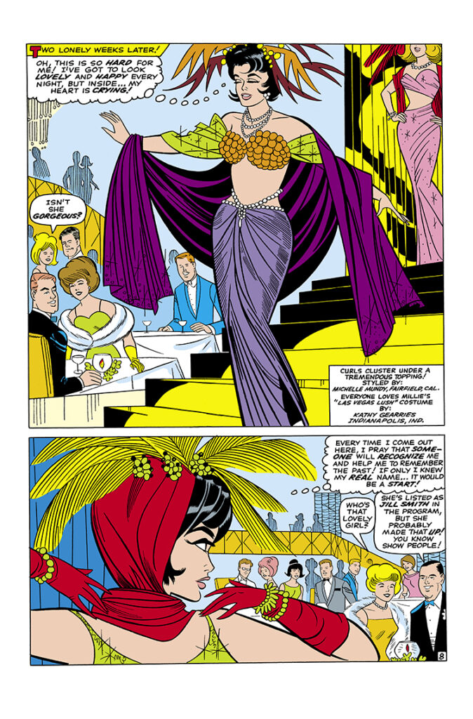 Modeling with Millie #40. “If I Forget You, My Love!”, pg. 10; pencils, Stan Goldberg; inks, Dick Ayers; Michelle Mundy, Fairfield, CA, Las Vegas Lush costume, Kathy Gearries, Indianapolis, IN