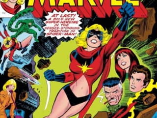 Ms. Marvel #1 cover; pencils, John Romita Sr.; inks, Dick Giordano; first issue, Carol Danvers, Captain Marvel, first appearance, Scorpion, bold new super-heroine, J. Jonah Jameson, Peter Parker, Mary Jane Watson