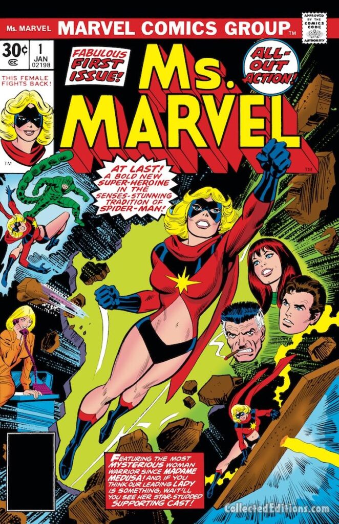 Ms. Marvel #1 cover; pencils, John Romita Sr.; inks, Dick Giordano; first issue, Carol Danvers, Captain Marvel, first appearance, Scorpion, bold new super-heroine, J. Jonah Jameson, Peter Parker, Mary Jane Watson