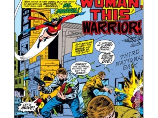 Ms. Marvel #1, pg. 1; pencils, John Buscema; inks, Joe Sinnott, first appearance, splash page, Gerry Conway, This Woman, This Warrior, Carol Danvers