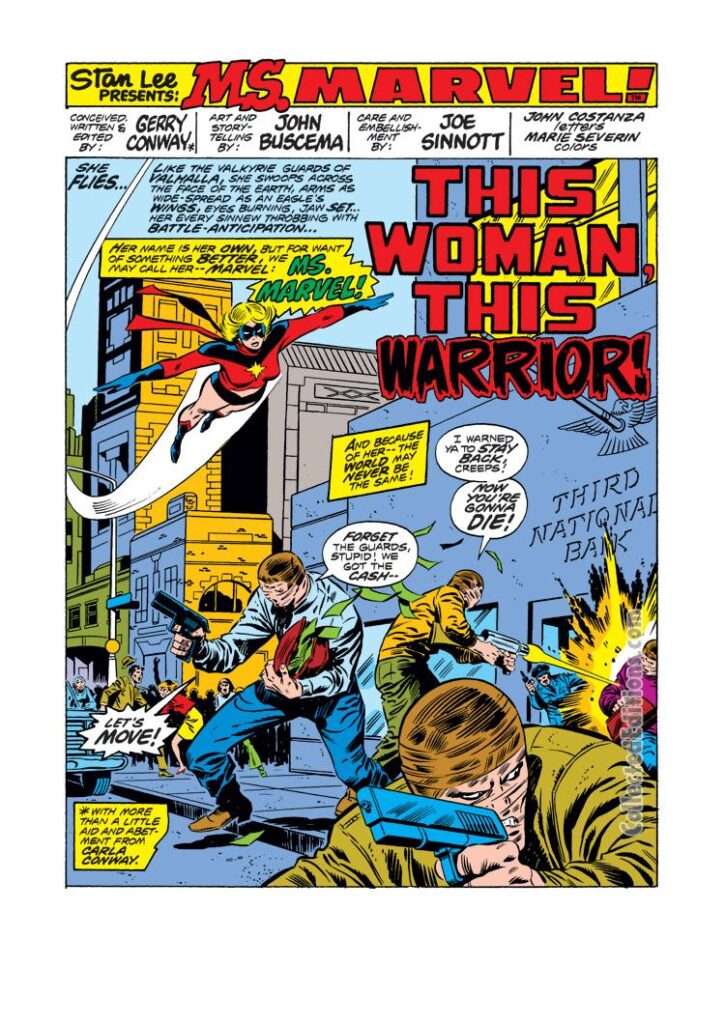 Ms. Marvel #1, pg. 1; pencils, John Buscema; inks, Joe Sinnott, first appearance, splash page, Gerry Conway, This Woman, This Warrior, Carol Danvers