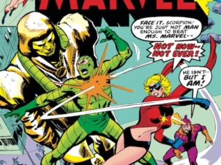 Ms. Marvel #2 cover; pencils, John Buscema; inks, Dick Giordano; Scorpion, Destructor, Carol Danvers, Captain Marvel