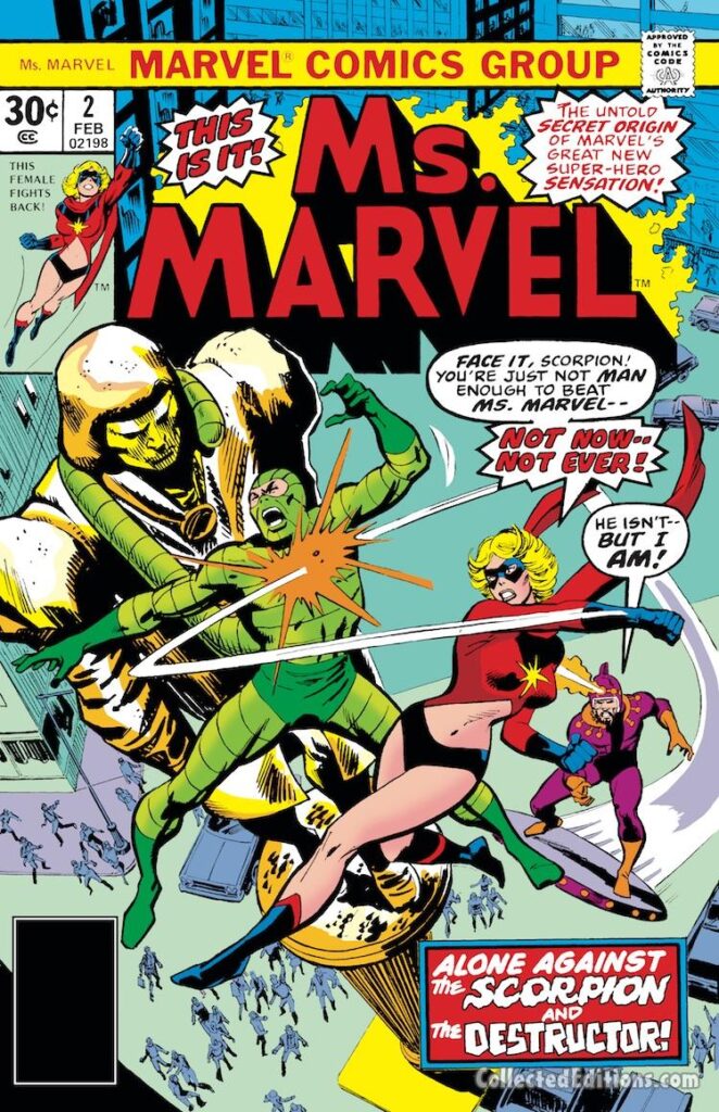 Ms. Marvel #2 cover; pencils, John Buscema; inks, Dick Giordano; Scorpion, Destructor, Carol Danvers, Captain Marvel