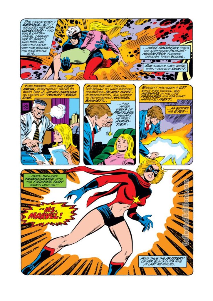 Ms. Marvel #5, pg. 4; pencils, Jim Mooney; inks, Joe Sinnott; Carol Danvers, Captain Marvel, Mar-Vell, origin, Kree, Woman Magazine