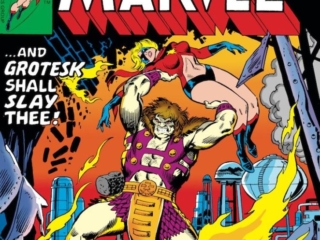 Ms. Marvel #6 cover; pencils, John Buscema; inks, Frank Giacoia; alterations, Marie Severin; Grotesk, Carol Danvers, Captain Marvel