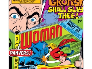 Ms. Marvel #6, pg. 1; pencils, Jim Mooney; inks, Joe Sinnott; Woman Magazine, Carol Danvers, editor, 1970s feminism, Captain Marvel, And Grotesk Shall Slay Thee splash page, Chris Claremont