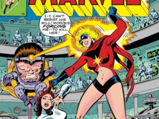 Ms. Marvel #7 cover; pencils, John Buscema; inks, Joe Sinnott; M.O.D.O.K., MODOK, Carol Danvers, Captain Marvel
