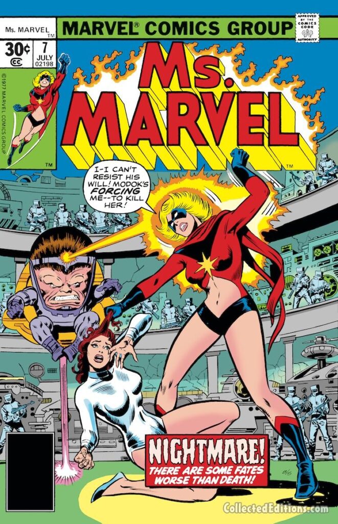 Ms. Marvel #7 cover; pencils, John Buscema; inks, Joe Sinnott; M.O.D.O.K., MODOK, Carol Danvers, Captain Marvel