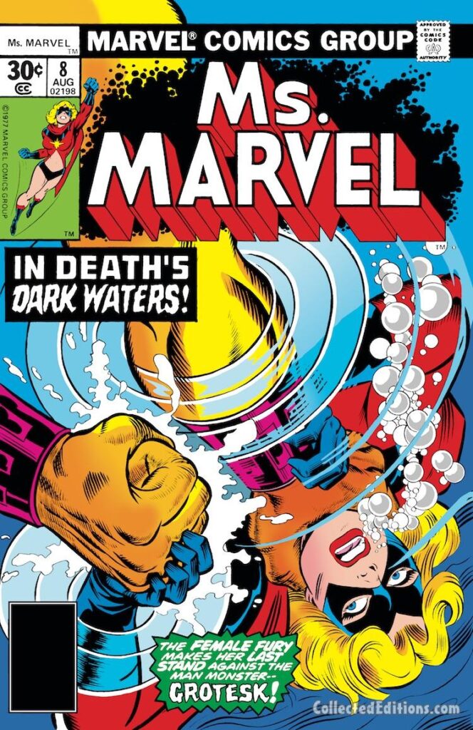Ms. Marvel #8 cover; pencils, Jim Mooney; inks, Joe Sinnott; In Death's Dark Waters, Grotesk, Captain Marvel, Carol Danvers