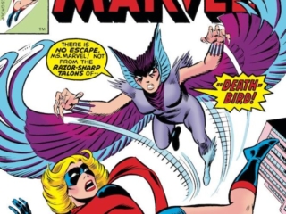 Ms. Marvel #9 cover; pencils, Dave Cockrum; inks, Joe Sinnott; First appearance, origin, Call Me Death-Bird, Deathbird, Kree, Shi'ar, Captain Marvel, Carol Danvers, Chris Claremont, splash page