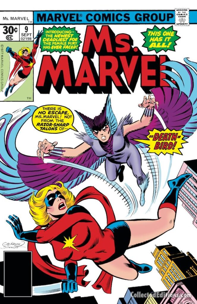 Ms. Marvel #9 cover; pencils, Dave Cockrum; inks, Joe Sinnott; First appearance, origin, Call Me Death-Bird, Deathbird, Kree, Shi'ar, Captain Marvel, Carol Danvers, Chris Claremont, splash page
