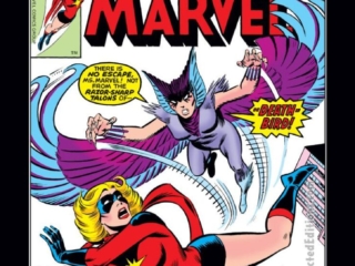 Ms. Marvel #9, cover; pencils, Keith Pollard; inks, Joe Sinnott; First appearance, origin, Call Me Death-Bird, Deathbird, Kree, Shi'ar, Captain Marvel, Carol Danvers, Chris Claremont, splash page