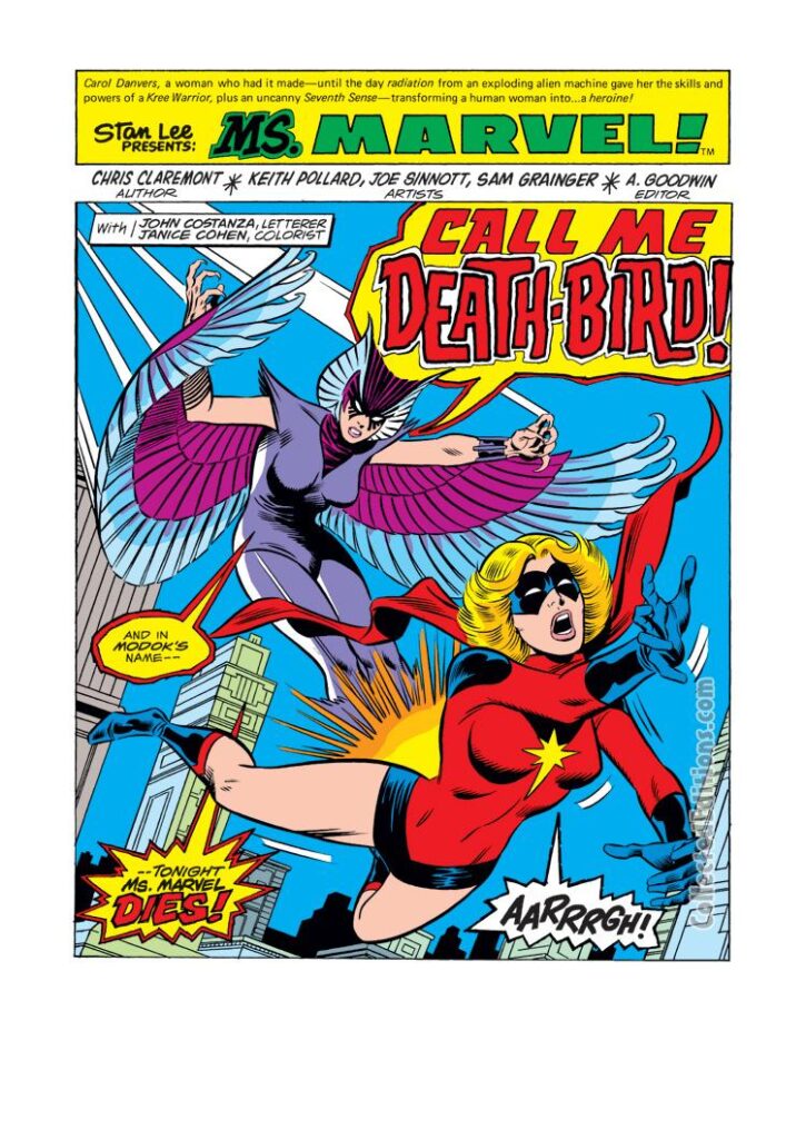 Ms. Marvel #9, pg. 1; pencils, Keith Pollard; inks, Joe Sinnott; First appearance, origin, Call Me Death-Bird, Deathbird, Kree, Shi&#039;ar, Captain Marvel, Carol Danvers, Chris Claremont, splash page