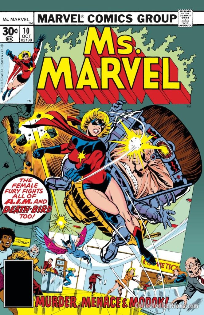 Ms. Marvel #10 cover; pencils, Sal Buscema; inks, Tom Palmer; Carol Danvers, Captain Marvel, MODOK, M.O.D.O.K., AIM, A.I.M., Advanced Idea Mechanics