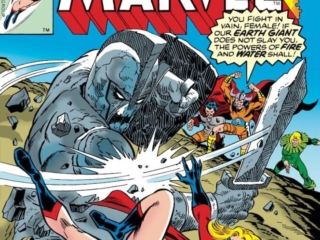 Ms. Marvel #11 cover; pencils, Sal Buscema; inks, Frank Giacoia; Eve of the Elementals, Captain Marvel, Carol Danvers, Magnum, Hellfire, Hydron