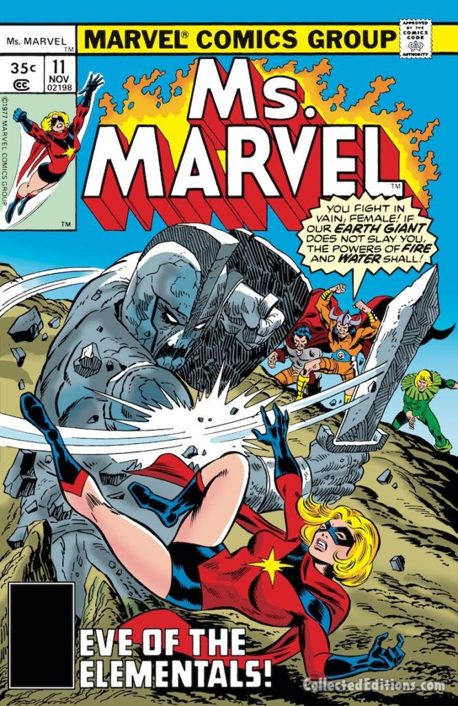 Ms. Marvel #11 cover; pencils, Sal Buscema; inks, Frank Giacoia; Eve of the Elementals, Captain Marvel, Carol Danvers, Magnum, Hellfire, Hydron