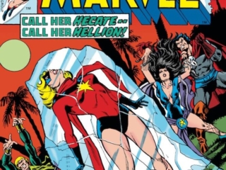 Ms. Marvel #12 cover; pencils, Jim Starlin, inks, Joe Rubinstein; alterations, John Romita Sr., Alan Weiss; Hecate, The Elementals, Carol Danvers, Captain Marvel