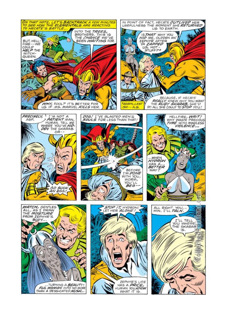 Ms. Marvel #12, pg. 6; pencils, Sal Buscema; inks, Joe Sinnott; Hydron, The Elementals, Hecate, Hellfire, Captain Marvel, Zephyr, Carol Danvers