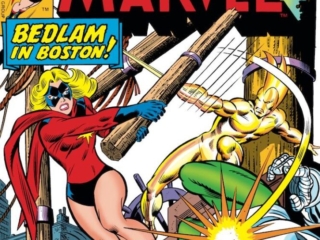 Ms. Marvel #13 cover; pencils, uncredited; inks, Joe Sinnott; Bedlam in Boston, Captain Marvel, Carol Danvers, Sapper, Alien Android