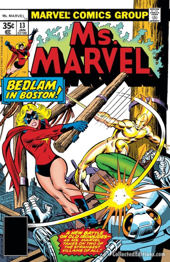 Ms. Marvel #13 cover; pencils, uncredited; inks, Joe Sinnott; Bedlam in Boston, Captain Marvel, Carol Danvers, Sapper, Alien Android