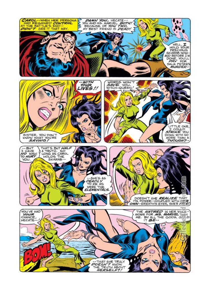 Ms. Marvel #13, pg. 4; pencils, Jim Mooney; inks, Joe Sinnott; Hecate, Carol Danvers, Captain Marvel