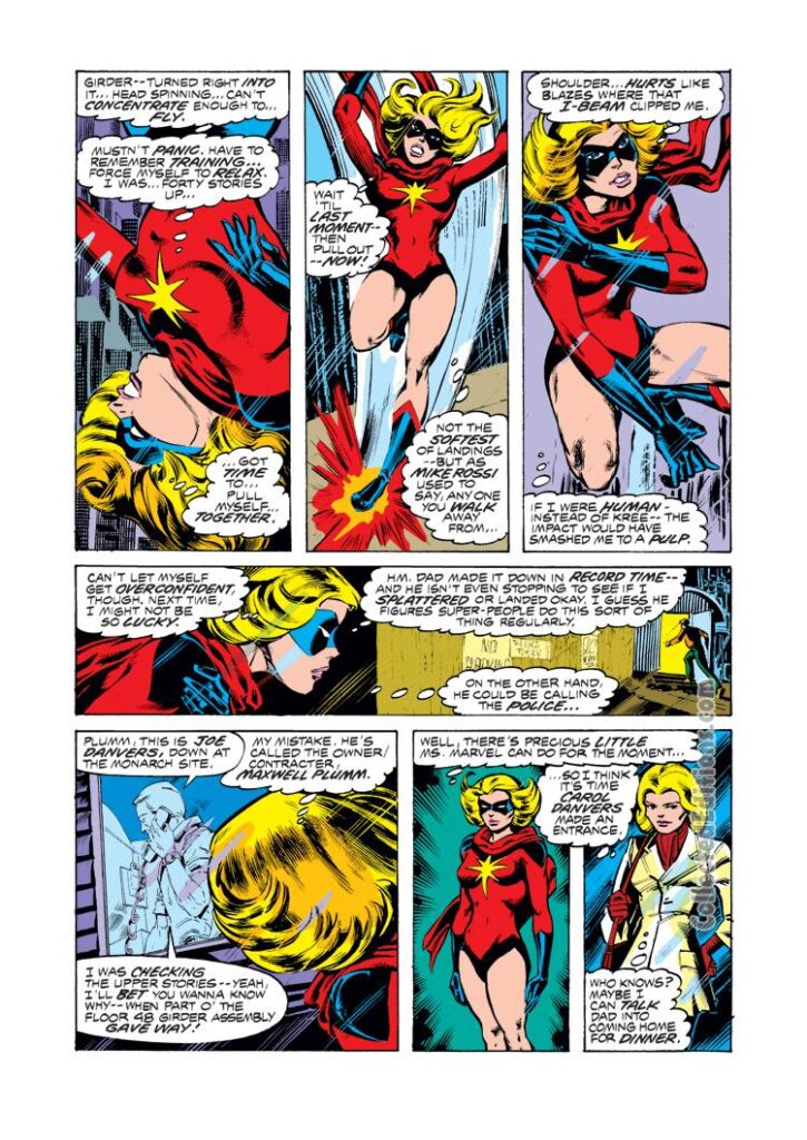 Ms. Marvel #14, pg. 3; pencils, Carmine Infantino; inks, Steve Leialoha; costume design, Carol Danvers, Captain Marvel