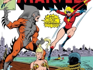 Ms. Marvel #15 cover; pencils, John Buscema; inks, Joe Sinnott; alterations, John Romita Sr.; Tiger Shark, Captain Marvel, Carol Danvers, Namorita