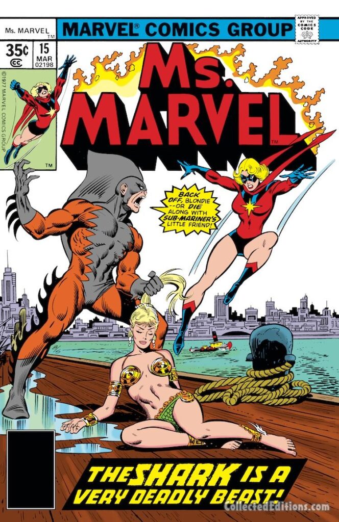 Ms. Marvel #15 cover; pencils, John Buscema; inks, Joe Sinnott; alterations, John Romita Sr.; Tiger Shark, Captain Marvel, Carol Danvers, Namorita