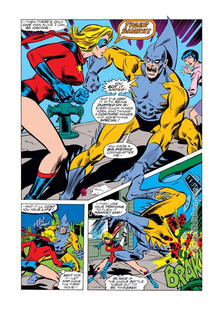 Ms. Marvel #15, pg. 12; pencils, Jim Mooney; inks, Tony DeZuniga; Tiger-Shark, Tiger Shark, Captain Marvel, Carol Danvers
