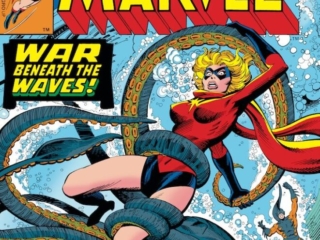 Ms. Marvel #16 cover; pencils, Dave Cockrum; inks, Terry Austin; War Beneath the Waves, Captain Marvel, Carol Danvers, Tiger Shark, giant squid