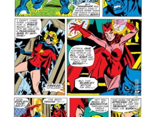Ms. Marvel #16, pg. 3; pencils, Jim Mooney; inks, Frank Springer; Avengers, Beast, Scarlet Witch, Captain Marvel, Carol Danvers