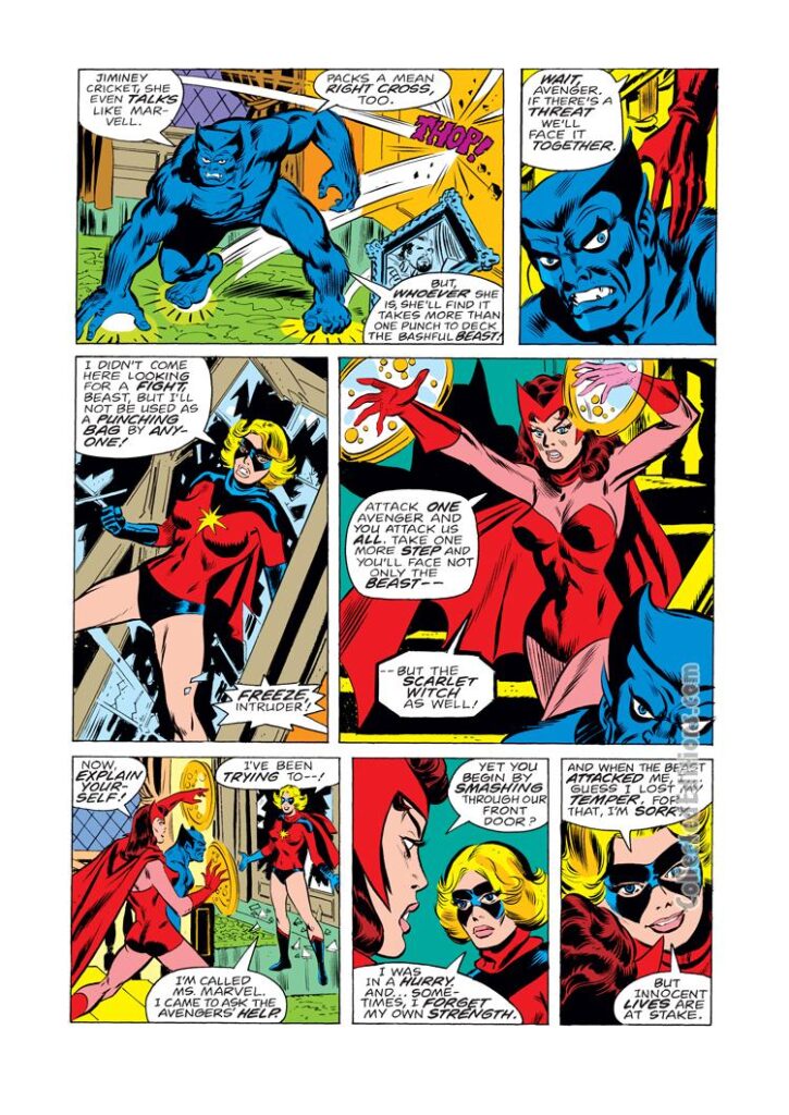 Ms. Marvel #16, pg. 3; pencils, Jim Mooney; inks, Frank Springer; Avengers, Beast, Scarlet Witch, Captain Marvel, Carol Danvers