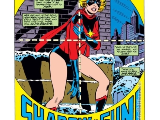 Ms. Marvel #17, pg. 1; pencils, Jim Mooney; inks, Tony DeZuniga; Shadow of the Gun, splash page, Chris Claremont, Captain Marvel, Carol Danvers