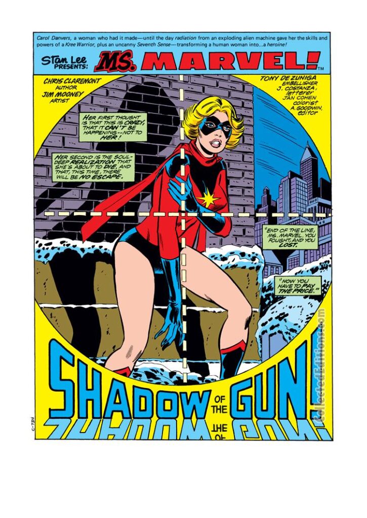 Ms. Marvel #17, pg. 1; pencils, Jim Mooney; inks, Tony DeZuniga; Shadow of the Gun, splash page, Chris Claremont, Captain Marvel, Carol Danvers