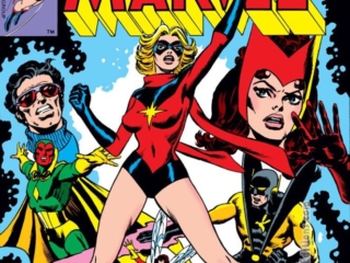 Ms. Marvel #18 cover; pencils and inks, Dave Cockrum; Avengers, Yellowjacket, Wasp, Scarlet Witch, Wonder Man, Vision