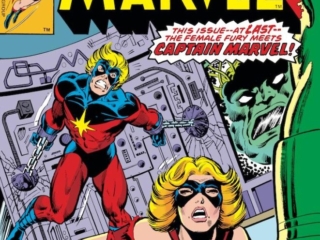 Ms. Marvel #19 cover; pencils, John Romita Jr., inks, Joe Rubinstein; Captain Marvel, Mar-Vell, Carol Danvers, Supreme Intelligence, Ronan the Accuser, Kree