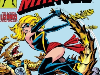 Ms. Marvel #20 cover; pencils, Dave Cockrum; inks, Bob Wiacek; new costume, Lethal Lizards from Below, Carol Danvers, Captain Marvel