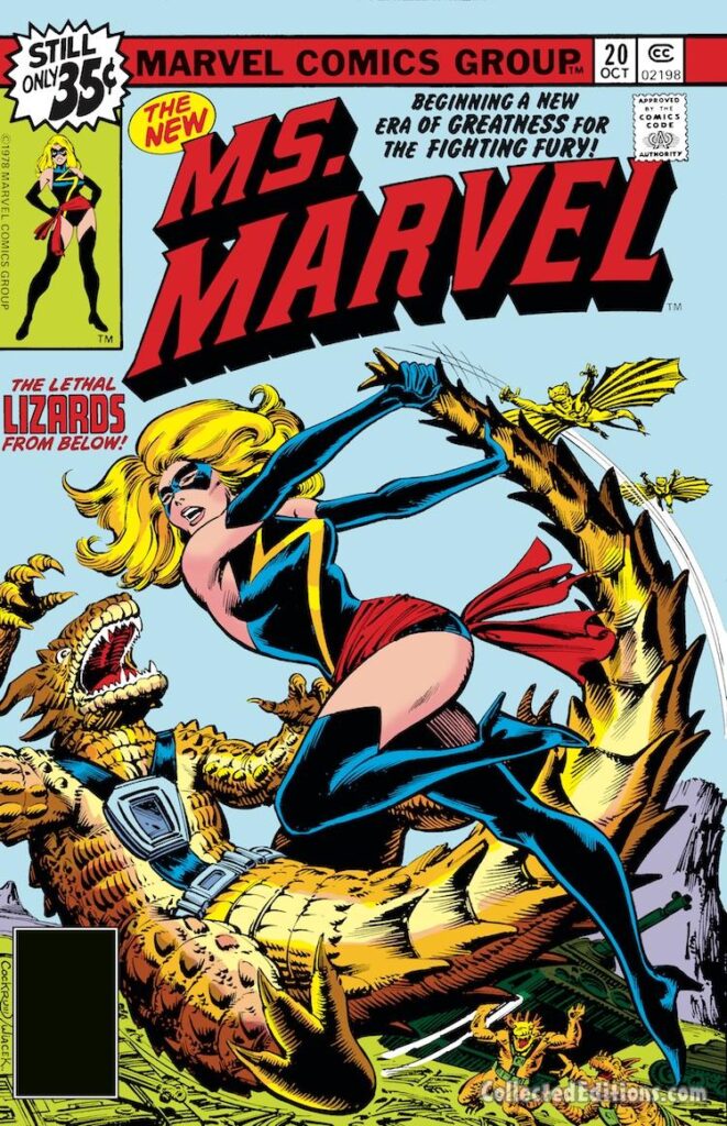 Ms. Marvel #20 cover; pencils, Dave Cockrum; inks, Bob Wiacek; new costume, Lethal Lizards from Below, Carol Danvers, Captain Marvel