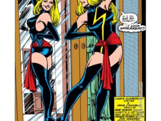 Ms. Marvel #20, pg. 1; pencils, Dave Cockrum; inks, Bob Wiacek; Carol Danvers, Captain Marvel, new costume design, red sash, black, Chris Claremont, first appearance, splash page